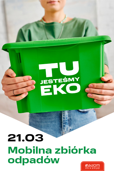 Osoba trzymająca zielony pojemnik z symbolem recyklingu – informacja o zbiórce odpadów w M1 Radom. Dodatkowo na obrazku znajduje się data wydarzenia.