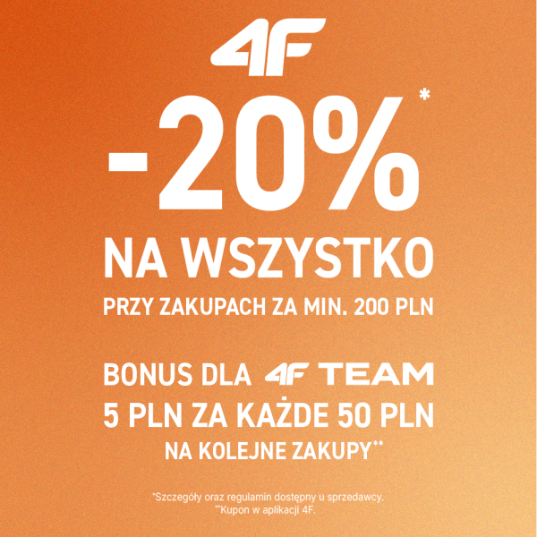 Grafika promocyjna marki 4F w M1 Radom przedstawiająca ofertę -20% przy zakupach za min. 200 PLN oraz benefity dla członków 4F Team.