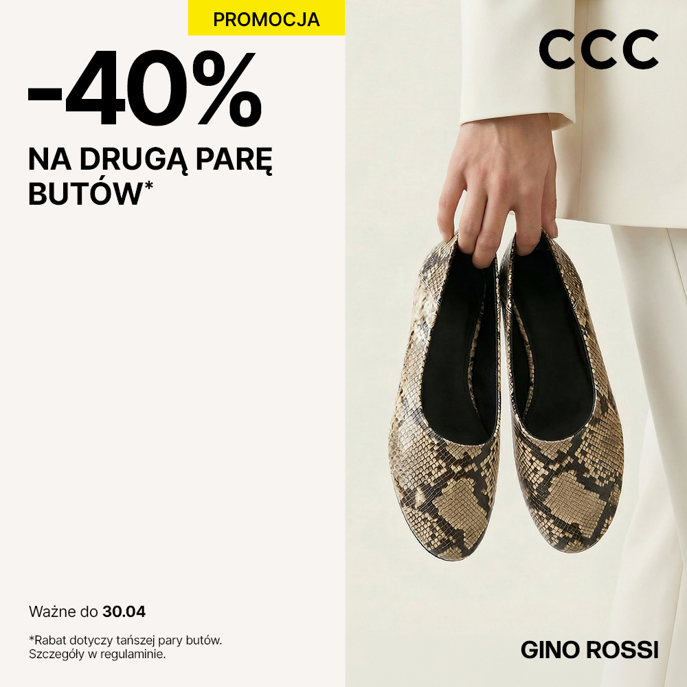 Grafika promocyjna sklepu CCC z informacją o rabacie −40% na drugą parę butów marki Gino Rossi; na zdjęciu widoczna dłoń prezentująca eleganckie baleriny w zwierzęcy wzór. Oferta ważna do 30.04.
