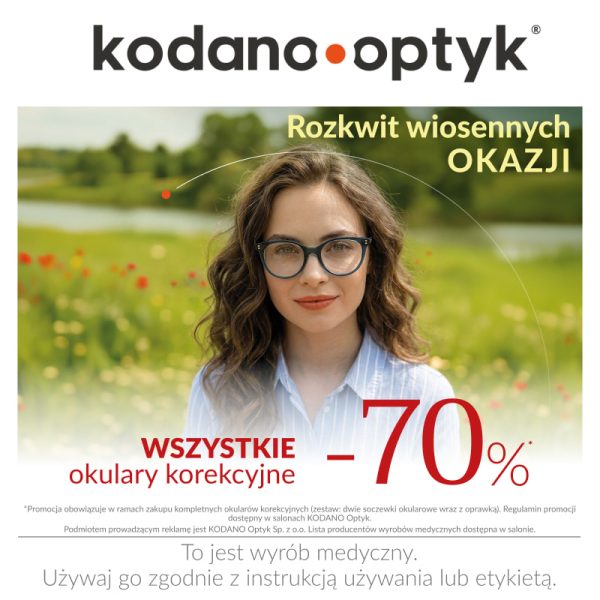 Grafika promocyjna salonu optycznego KODANO w M1 Radom przedstawiająca ofertę rabatową na kompletne okulary korekcyjne.