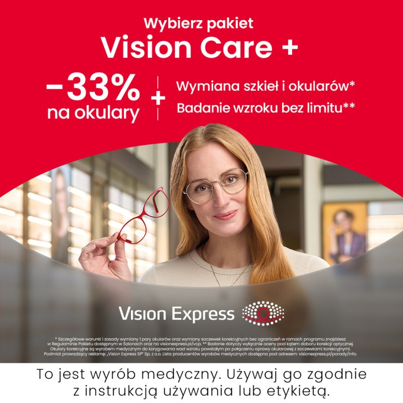 Grafika promocyjna Vision Express przedstawia kobietę w okularach trzymającą czerwone oprawki w salonie optycznym. Na czerwonym tle widoczna jest informacja o pakiecie Vision Care Plus, obejmującym rabat „-33% na okulary”, wymianę szkieł i okularów oraz nielimitowane badanie wzroku. Na dole znajduje się logo Vision Express oraz informacja, że produkt jest wyrobem medycznym.