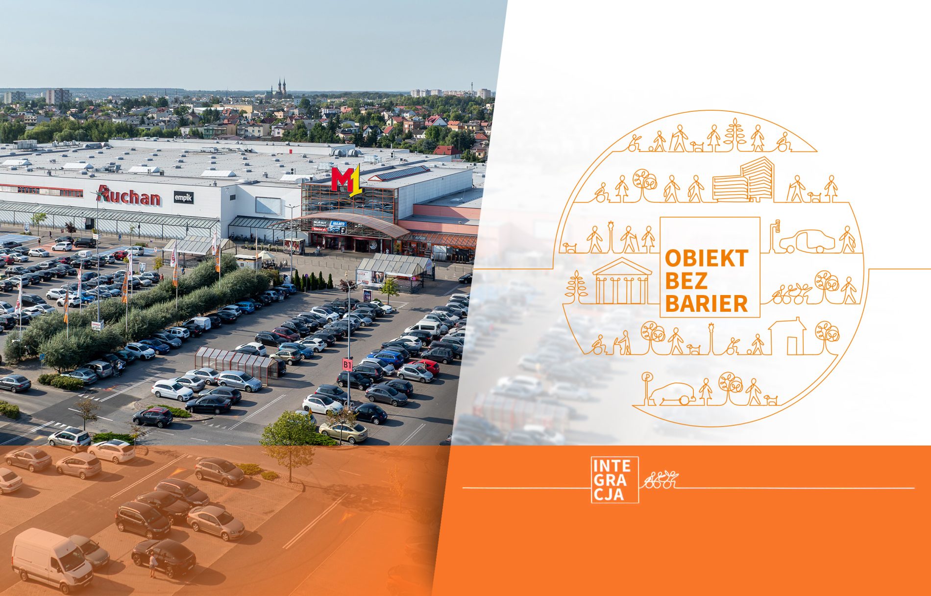 Certyfikat obb, obiekt bez barier, centrum handlowego M1 Radom. Certyfikat OBB na tle centrum handlowego M1 Radom.