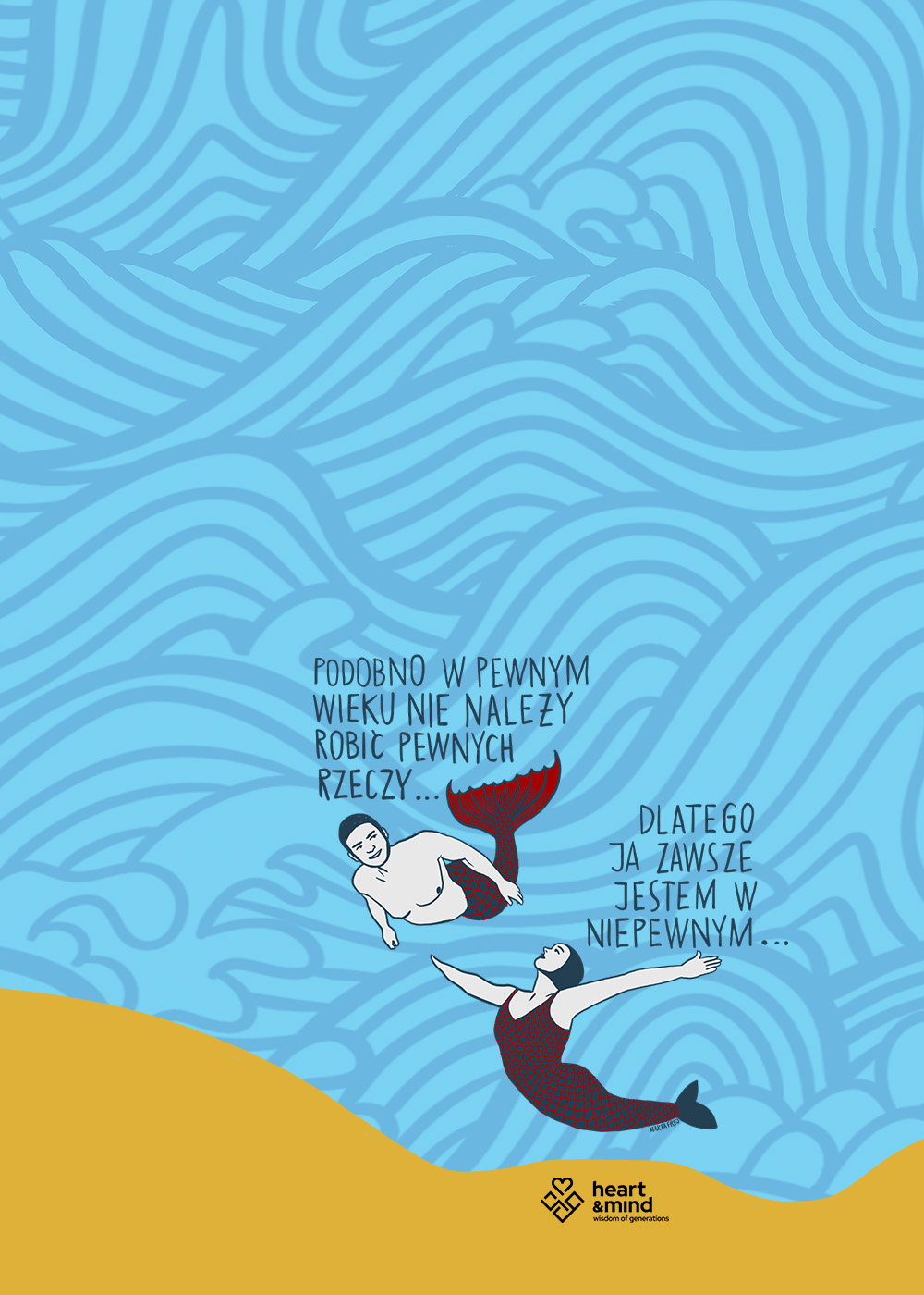 Graphic depicting mermaids painted by Marta Frej. Promotional graphic for the "Work After 50" campaign.