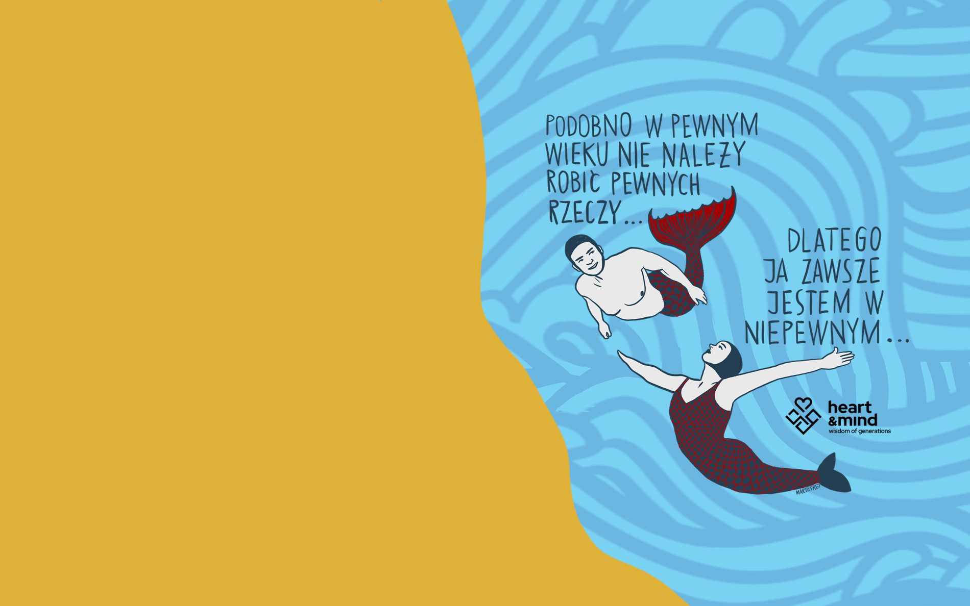 Graphic depicting mermaids painted by Marta Frej. Promotional graphic for the "Work After 50" campaign.