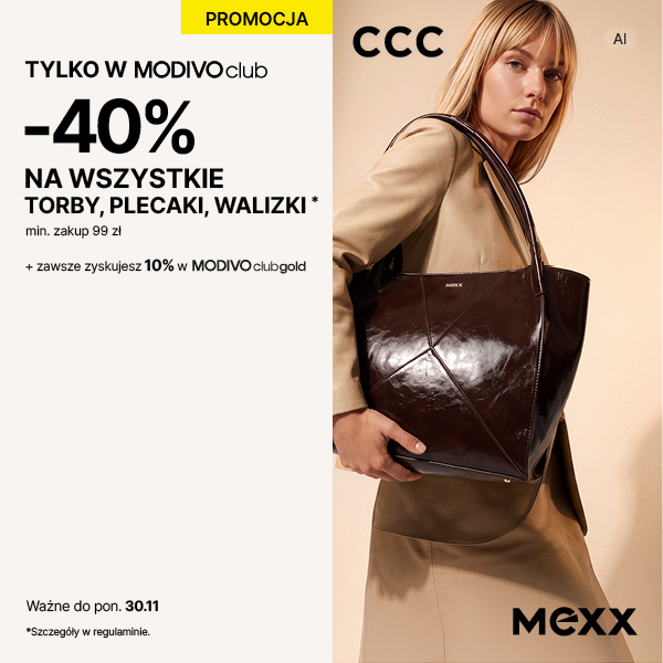 Grafika promocyjna marki CCC. Kobieta o blond włosach ubrana w beżowy płaszcz i brązową skórzaną torbę.