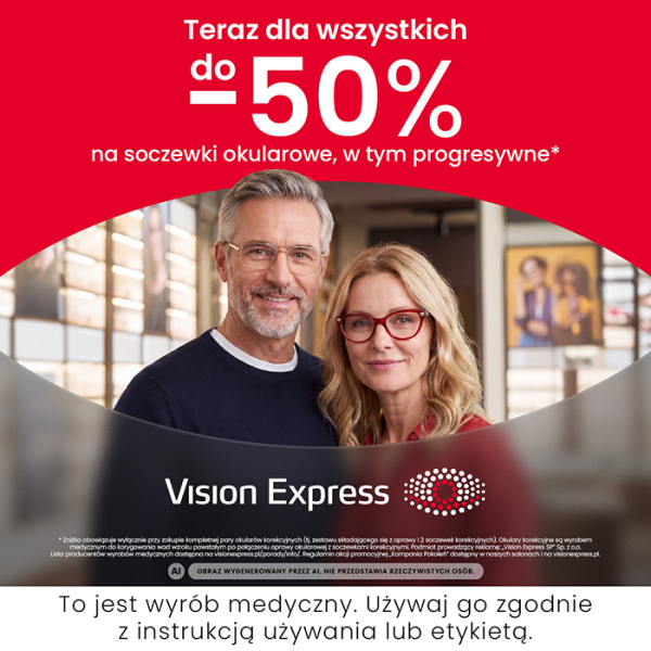 Grafika promocyjna marki Vision Express. Małżeństwo w okularach reklamujące soczewki okularowe.
