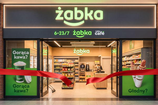 Grafika promująca otwarcie nowego sklepu marki Żabka. Wizualizacja sklepu Żabka z rozciętą wstęgą symbolizującą otwarcie.