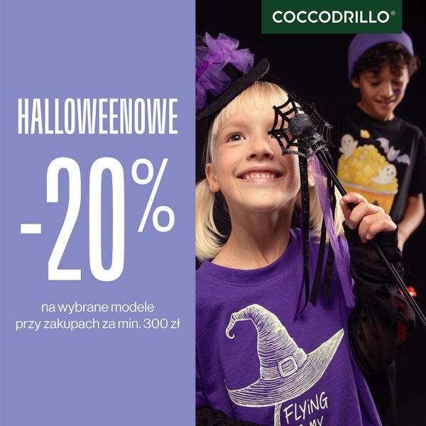 Dziewczynka w fioletowej bluzie z nadrukiem kapelusza czarownicy trzyma ozdobę w kształcie pajęczyny. Za nią chłopiec w czarnej koszulce z halloweenowym nadrukiem. Obok logo Coccodrillo i napis: „Halloweenowe −20% na wybrane modele przy zakupach za min. 300 zł”.