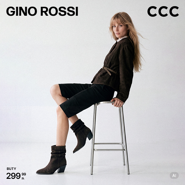 Grafika promocyjna marki CCC. Blondynka siedząca na krześle reklamująca kowbojską kolekcję butów gino rossi.