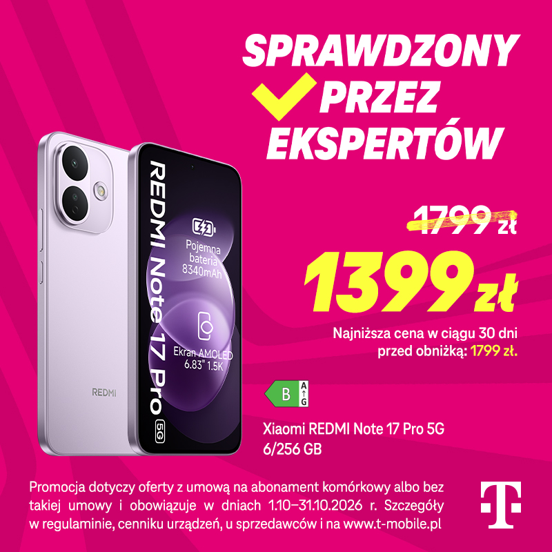 Grafika promocyjna marki T-mobile. Smartfon Xiaomi REDMI Note 17 Pro na różowym tle.