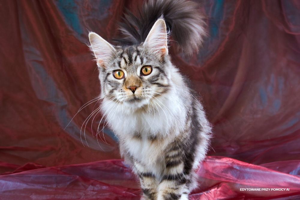 Grafika promująca pokaz kotów rasowych. Kot rasy maincoon na tle bordowego materiału podczas sesji fotograficznej.